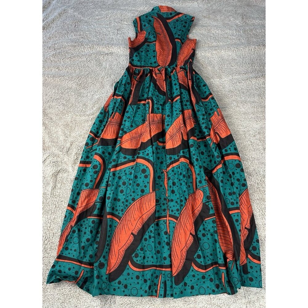 SIKA Ghana Handmade Cotton Maxi Dress Teal Orange Banana Leaf Print Size 4 - Picture 11 of 16